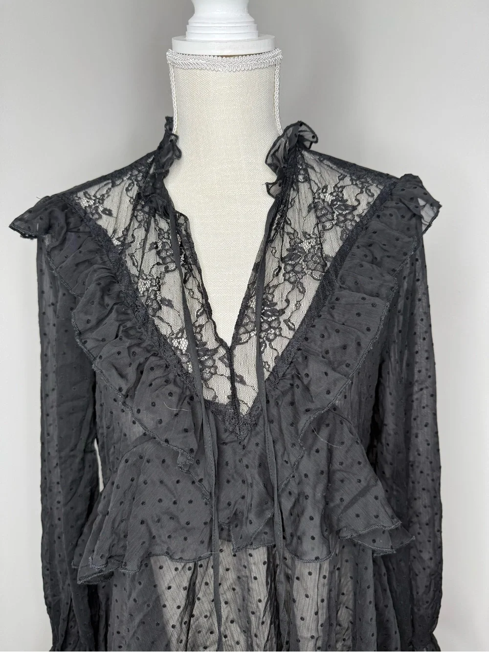 Zara Black Sheer Polka-Dot Ruffle Blouse - Picture 2 of 7